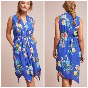 Maeve Anthropologie Women's Floral Sleeveless Button Down Shirt Dress Blue Size